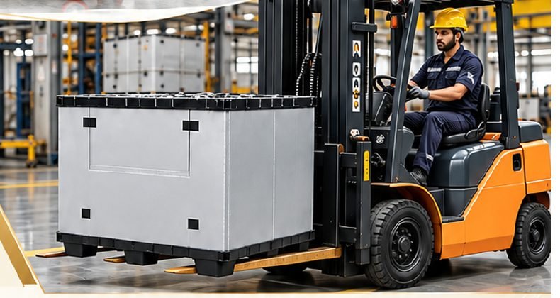 Forklift moving an FLC box