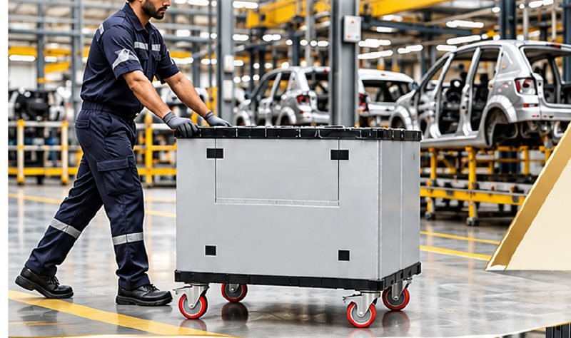 FLC box with wheels moved on an automotive shop floor