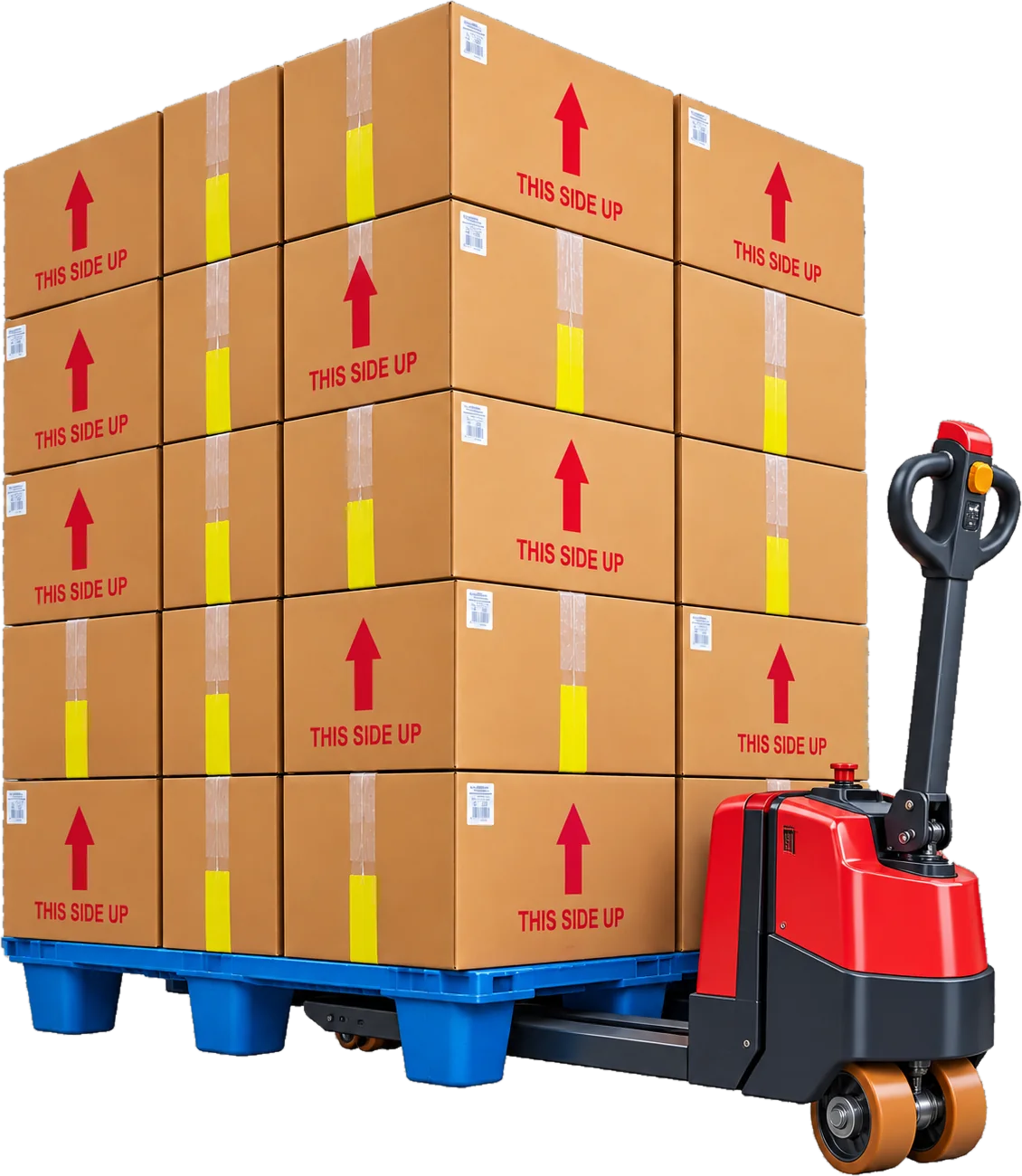 Pallet truck moving cartons on a blue ESPO plastic pallet