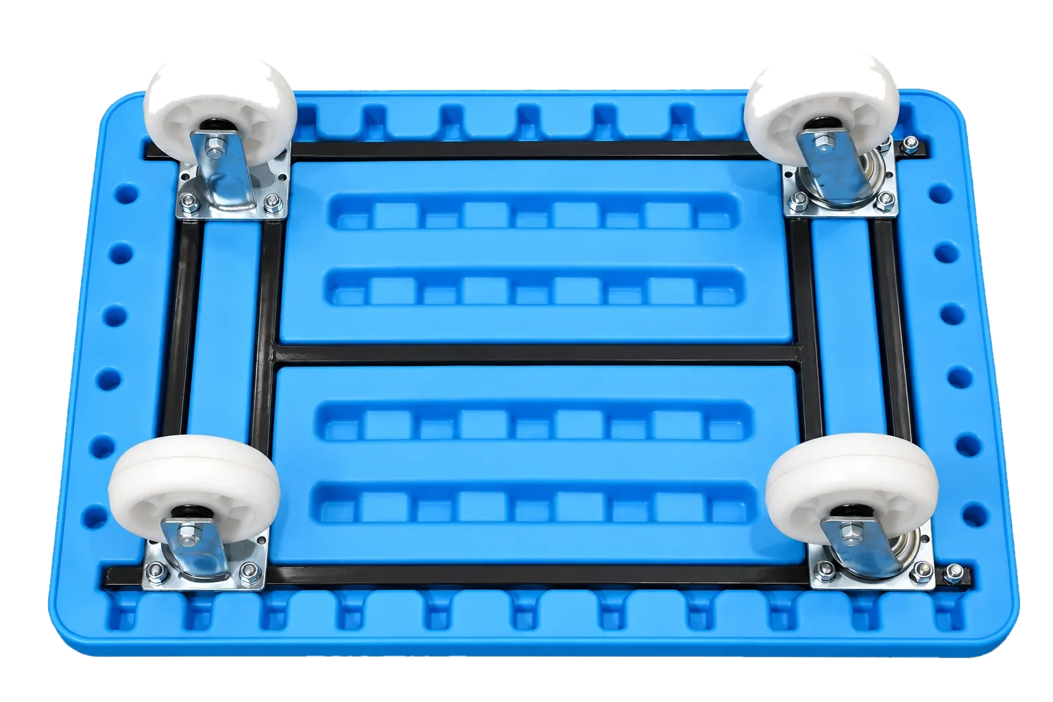 Underside of trolley with steel frame and four castors